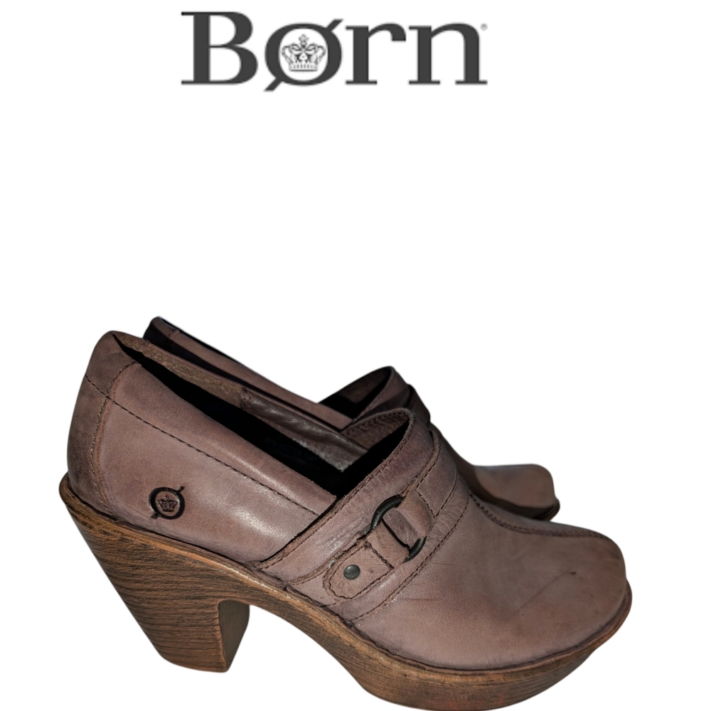 Born Women's Haddon Distressed Leather  Chunk Wooden Platform Clog Shoes 8M